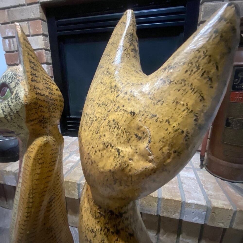Vintage Hand Carved Wooden Cat Sculptures Pair Tall 32" Folk Art Indonesia MCM - Picture 9 of 11